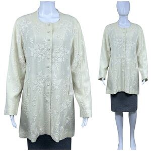 Eileen Fisher Wool Embroidered Jacket SMALL Beige Coat Pockets Old Money Luxury